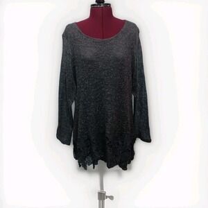 Gray Wool Blend Open Knit‎ Sweater With Lace Hem Lagenlook Fairycore Bohemian XL